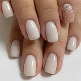 Qfdian 24Pcs Simple False Nails with Glue Short Almond Fake Nails Glitter Aurora Round Head Full Cover Nail Tips Oval Press on Nails
