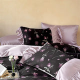 Qfdian 1000TC Egyptian Cotton Vintage Rose Prints Pleated Ruffles Purple Bedding Set Duvet Cover Flat/Fitted Bed Sheet Pillowcases 4Pcs