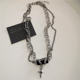 Qfdian  Punk Rock Black Heart Cross Pendant Chain Necklace For Men Women Cool Hip Hop Street Vintage 90s Y2K Grunge Goth Accessories