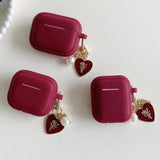 Qfdian soft wine red square earphones case with love pendant silicone Integrated protection cover for airpods 2 3 pro 2 non-slip bumper