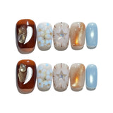 Qfdian  10pcs Handmade Short Square Press on Nails Blue Star Printed False Nails Women Wearable Spicy Girl INS Fashion Fake Nail Tips