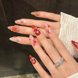 Qfdian  10pcs Hand Carved 3D Devil Flower Press On Nails Gradient Rose Pink Almond Handmade False Nails Shiny Sequins Summer Fake Nail