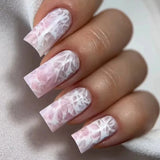 Qfdian 24Pcs Mid-length Ballet False Nails with White Wave Line Design Pink French Press on Nails Wearable Coffin Full Cover Fake Nail