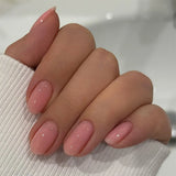 Qfdian 24pcs Simple Almond False Nails Sets Blush Design Press on Nails Art Datachable Short Oval Fake Nail with Jelly Glue Manicure
