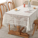 Qfdian Rustic Style Handmade Crochet Dinner Tablecloth Woven Beige Towel Bridal Party Home Kitchen Dining Table Cover Decorative