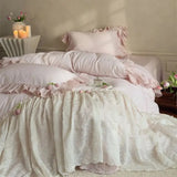 Qfdian French Lace Ruffles Princess Wedding Bedding Set Pure Cotton Double Layer Yarn Soft Duvet Cover Flat/Fitted Bed Sheet Pillowcase