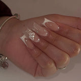 Qfdian 24Pcs Pure White French Press on Nails Long Square Head False Nails with Pearl Pink Bow Design Ballet Wearable Fake Nails