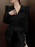 Qfdian  Korean Versatile Hollowed Out Lapel Women Shirt Top Elegant Slim Fitting Office Women's Back Bow Fluffy Sleeve Casual Shirt