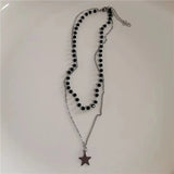 Qfdian  Punk Y2K Grunge Black Star Pendant Beaded Silver Color Chain Choker Necklace For Women Men Goth Charm EMO 2000s Jewely Accessory