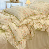 Qfdian 2/3Pc Korean Princess Style Floral Ruffles Bedding Set Single Queen Size Soft Skin-friendly Washed Cotton Duvet Cover Pillowcase