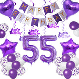 Qfdian  Purple White Foil Birthday Number Decorations Happy Birthday Banner Purple Happy Birthday Swirls Foil Heart Star Latex Balloons