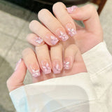 Qfdian 10Pcs Pink Sweet Handmade Press on Nails Full Cover Short French Butterfly Ballerina Cat Eye False Nails Wearable False Nail Tip