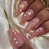 Qfdian 24Pcs Extra Long Square Fake Nail with Glue 3D Little Bear Bow Design False Nails White French Press on Nails Wearable Manicure