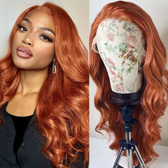 Qfdian 13X4 Lace Front Ginger Orange Wigs for Women Synthetic Frontal Wig Glueless Loose Curly Wavy Hair Daily Party Cosplay