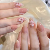 Qfdian 24pcs Simple Almond False Nails Sets Blush Design Press on Nails Art Datachable Short Oval Fake Nail with Jelly Glue Manicure