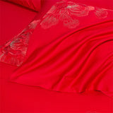 Qfdian 4Pcs Luxury Flowers Embroidery 1400TC Egyptian Cotton Red Wedding Bedding Set Duvet Cover Set Flat/Fitted Bed Sheet Pillowcases