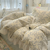 Qfdian  Floral print Korean style Princess Lace Bedding Set Duvet Cover Set Washed Cotton Flat Sheet set Queen For Girl Decor Home