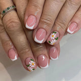 Qfdian 24Pcs Spring Colorful French Fake Nail with Designs Short Square Head Press on False Nails Wearable Simple Jelly Sticks on Nails