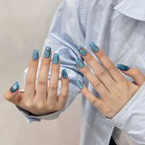 Qfdian 10pcs Mid Length Press on Nails Cute Red Fish Decor Blue Cat Eye False Nail Patch Wearable Full Cover Handmade Fake Nail Tips