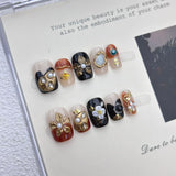 Qfdian  10pcs Amber Cat Eye Press on Nails Gold Glitter Fake Nails Vintage Autumn Winter Short Square False Nails Brown Gradient Nail