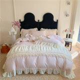 Qfdian 3/4Pcs Pink Korean Princess Style Lace Ruffles Bedding Set Single Queen Duvet Cover Bed Skirt/Bed Sheet/Fitted Sheet Pillowcases
