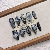 Qfdian  Gothic Elegant Press On Nails Smoky Black Glitter Resin Metal Star Butterfly Accessories Multiple Sizes Easy to Apply Reusable