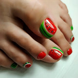 Qfdian  24pcs Colorful Painted Watermelon Fake Toenails Little Fresh Summer Beach Wearable False Toenail Shiny Diamond Press On Toenails