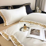 Qfdian 1000TC Egyptian Cotton Luxury Gold Embroidery Bedding Set Black Khaki Patchwork Duvet Cover Bed Sheet Fitted Sheet Pillowcases