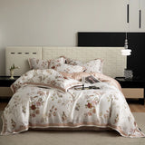 Qfdian Floral Plant Print Color Blocking Bedding Set Lyocell Bamboo Fiber Soft Silky Duvet Cover Flat/Fitted Bed Sheet Pillowcases 4Pcs