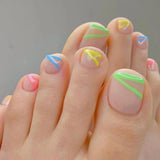 Qfdian  24pcs Colorful Cat's Eye Fake Toenails Sets Dopamine Design Full Cover Nail Tips Short Square Press on Nails Reusable False Nail