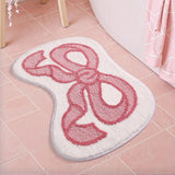 Qfdian  Pink Bow Bath Mat Thickened Flocked Microfiber Bathroom Rug Super Absorbent Anti-slip Foot Mats Soft and Comfortable