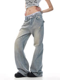 Qfdian  Vintage American Flag Striped Distressed Denim Jeans Loose Fit High Street Micro Flare Trousers for Men Women Casual Style