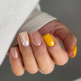 Qfdian 24Pcs Simple Yellow Fake Nails White Flower Design Press on Nails Short Square Head Detachable Nail Tips Full Cover False Nail