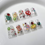 Qfdian  10Pcs Christmas Red Press on Nails Duckbill Shape Nail Cute 3D Cartoon Fake Nails Santa Claus Christmas Tree Decor False Nails