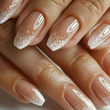 Qfdian 24Pcs Gradient White Fake Nail Short Square Ballet Simple False Nails Press on Wearable Nude Nails Art Full Cover Manicure Tips