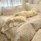 Qfdian  Floral print Korean style Princess Lace Bedding Set Duvet Cover Set Washed Cotton Flat Sheet set Queen For Girl Decor Home