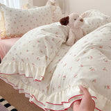 Qfdian  Korean Sweet Cherry Print Ruffles Bedding Sets oft Washed Cotton Duvet Cover Set Cute Princess Style Bedding for Girls Bedroom