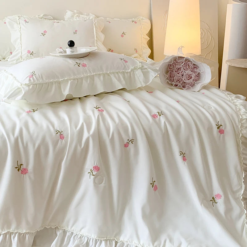 White Korean Princess Style Pink Rose Flowers Embroidery Ruffles Thin Summer Quilt Blanket Air Conditioning Quilt Single Double