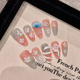Qfdian  10pcs Glossy Pink Press On Nails Handmade Flash Cat's Eye False Nails 3D Flower Golden Edge Designs Fake Nail Tips For Women