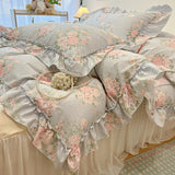 Qfdian 2/3Pc Korean Princess Style Floral Ruffles Bedding Set Single Queen Size Soft Skin-friendly Washed Cotton Duvet Cover Pillowcase