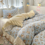 Qfdian  Floral print Korean style Princess Lace Bedding Set Duvet Cover Set Washed Cotton Flat Sheet set Queen For Girl Decor Home