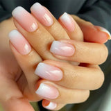 Qfdian 24Pcs Nude White French Fake Nail Short Square Nail Tips Fashion Wearable False Nails with Glue Simple Full Cover Press on Nails