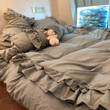 Qfdian  ‌Princess Style Purple Ruffle Duvet Cover Set - Washed Cotton 4-Piece/3-Piece Bedding Double Size/Dorm Sheet Set