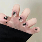 Qfdian 10Pcs Handmade Press On Nails Full Cover Cat Eye Black Flower Design French Short Ballerina Fake Nail Wearable Manicure Nail Tip