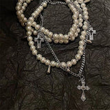 Qfdian Trendy Vintage Black Star Cross Pendant Multi Layer Chain Necklace For Women Girl Gothic Y2K Charm Jewelry Accessories Wholesale