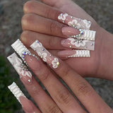 Qfdian 24Pcs Pure White French Press on Nails Long Square Head False Nails with Pearl Pink Bow Design Ballet Wearable Fake Nails