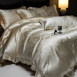 Qfdian 4Pcs Champagne Silk Damask Jacquard Egyptian Cotton Patchwork Luxury Bedding Set Duvet Cover Flat/Fitted Bed Sheet Pillowcases