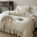 Qfdian  Vintage Lace French Princess Bedding Set 100% Cotton Double Yarn Soft Duvet Cover Flat Bed Sheet Large Ruffles Pillowcase