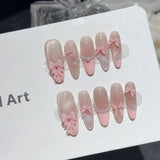 Qfdian  10pcs Handmade Pink Bow Pearl Fake Nails Sweet Shiny French Press on Nails for Lady Girl Wearable Korean Girl Fake Nail Tips