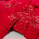 Qfdian 4Pcs Luxury Flowers Embroidery 1400TC Egyptian Cotton Red Wedding Bedding Set Duvet Cover Set Flat/Fitted Bed Sheet Pillowcases